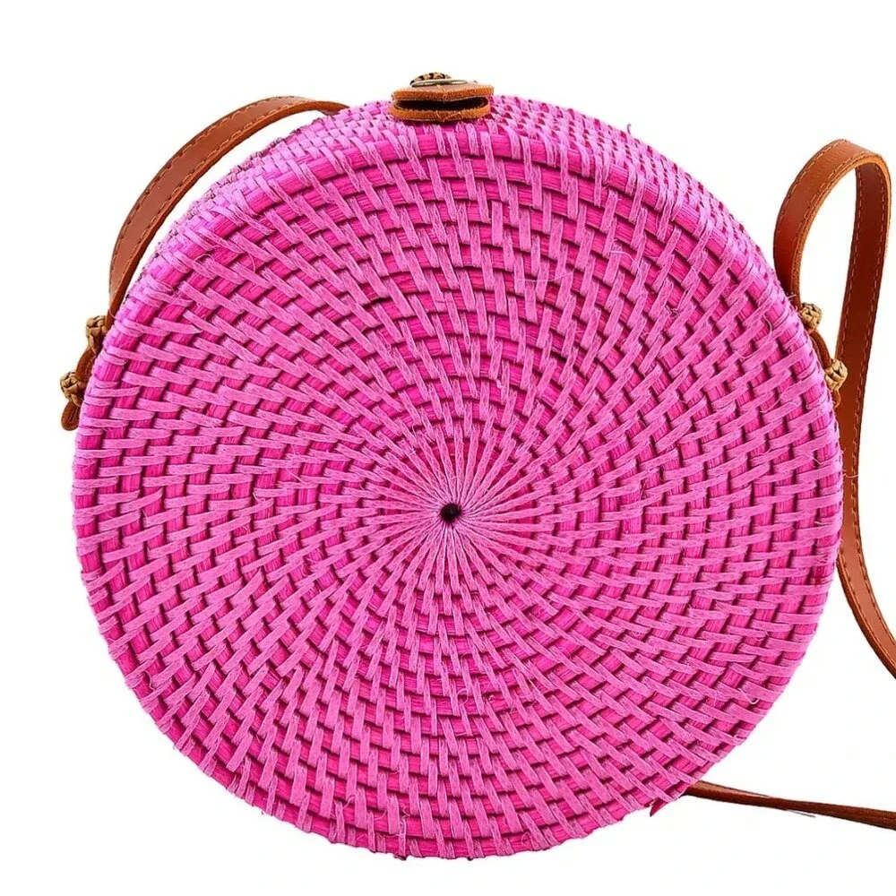 Pink Round Rattan Crossbody Bag‎ Seashell Floral Woven Boho Beach Purse Handbag